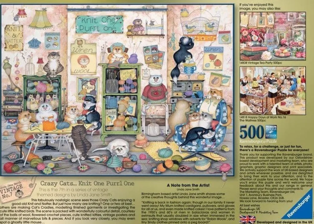 Ravensburger 500 Pieces* - Crazy Cats - Vintage - Knit One Purrl One - 500 Piece Jigsaw Puzzle