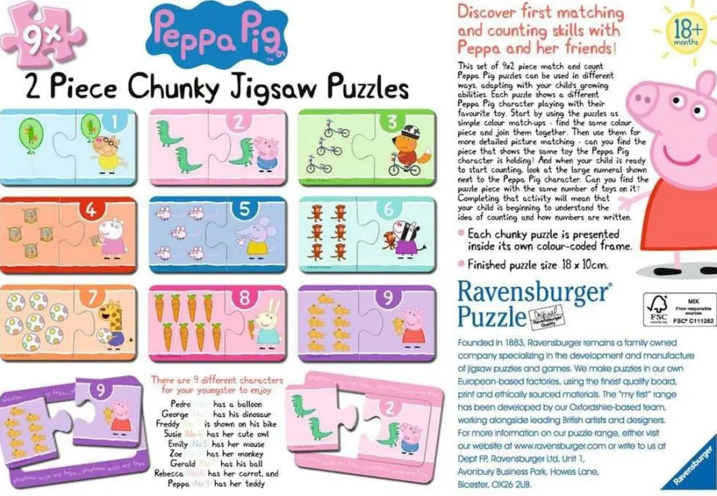 Ravensburger 100 Pieces & Under* - Peppa Pig 9 X 2 Piece Jigsaw Puzzle Chunky Puzzle